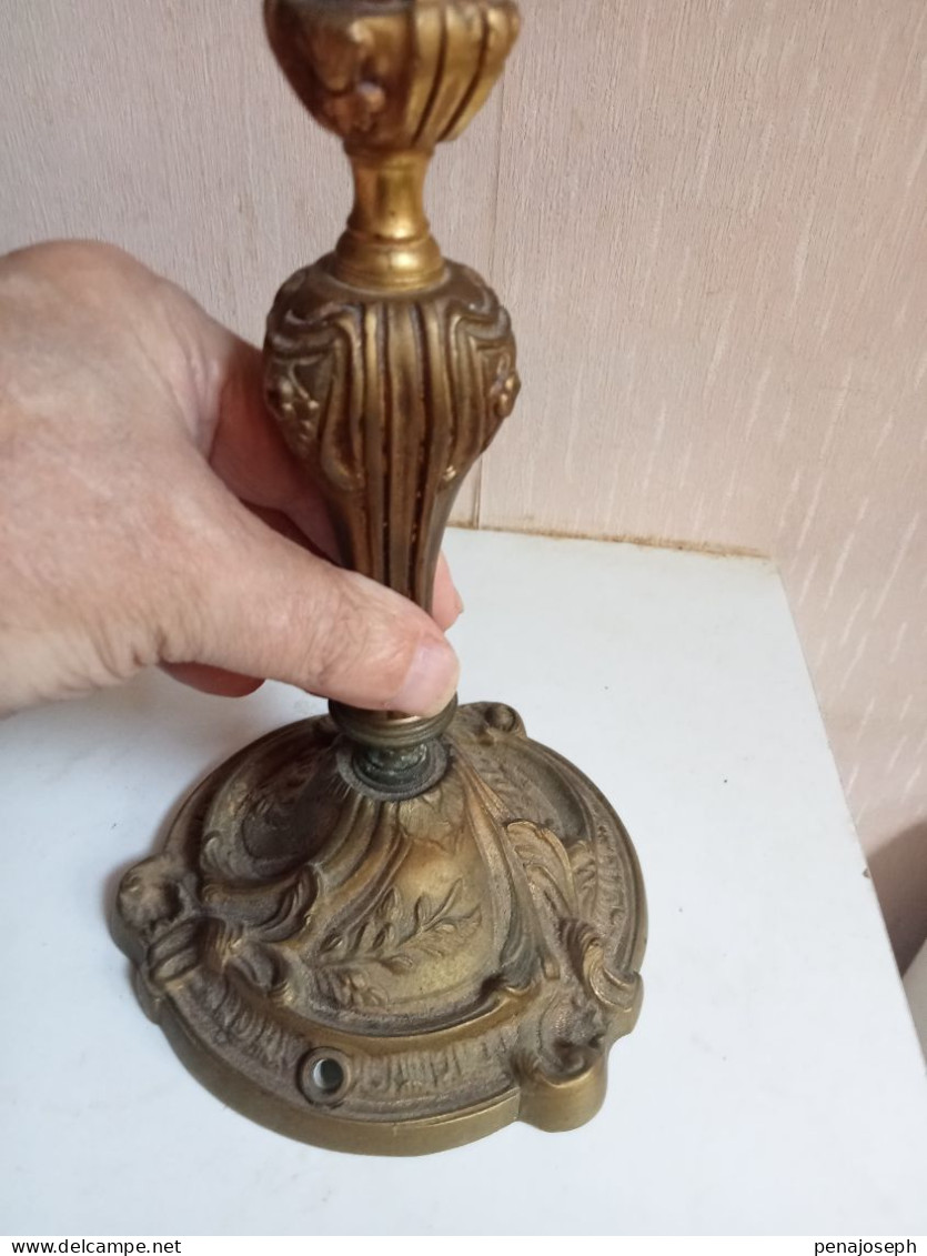 ancien bougeoir bronze doré transformé pour lampe hauteur 23 cm