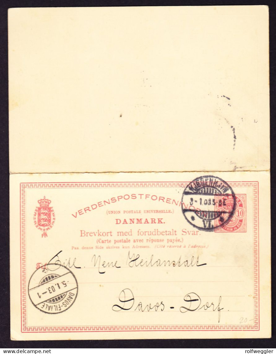 1903  10 O GZ Karte Mit Antwortteil. Annoncen Abo... Aus Kopenhagen An Heilanstalt Davos. - Storia Postale