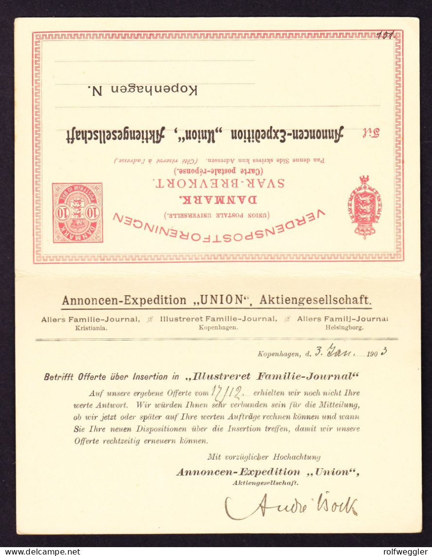 1903  10 O GZ Karte Mit Antwortteil. Annoncen Abo... Aus Kopenhagen An Heilanstalt Davos. - Storia Postale