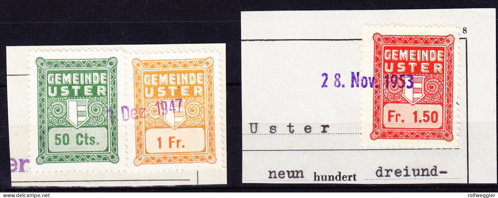 1947/1953  50 Rp, 1 Fr Und 1.50 Fr. 3 Gemeindemarken USTER Auf Kleinem Dokument Stück. - Revenue Stamps