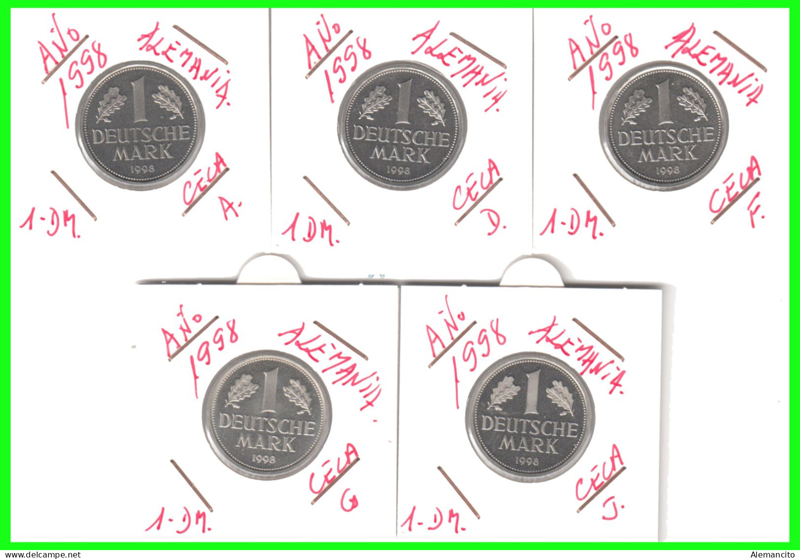 ALEMANIA - BRD - GERMANY - COLECCIÓN COMPLETA DE LAS 5 -MONEDAS DE 1.00 DM   AÑO 1998 - CECAS- A.D.F.G.J - CALIDAD PROOF - 1 Marco