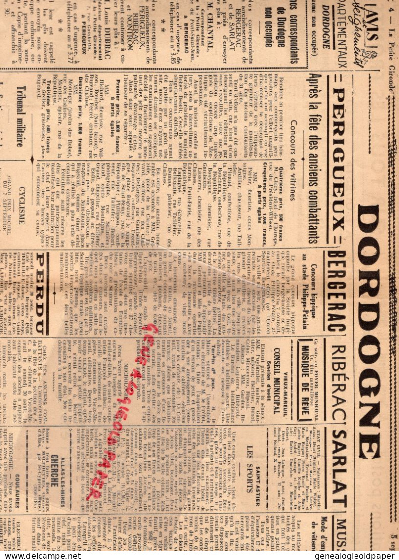 GUERRE 39-45- WW2- MILITARIA- JOURNAL LA PETITE GIRONDE -BORDEAUX-5-9-1941-BORDEAUX- BERLIN-JAPON-TULLE-BRIVE-PERIGUEUX - Historical Documents