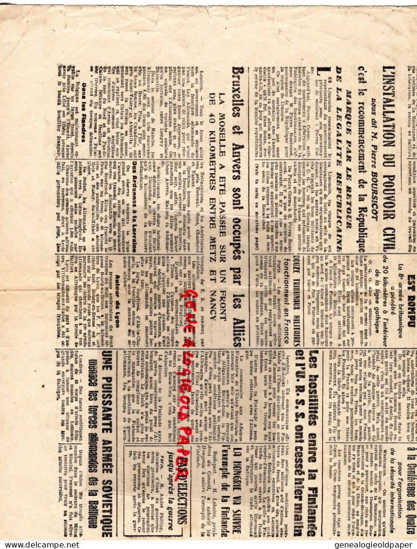 LIMOGES-GUERRE 1939-45- WW2-LE CENTRE LIBRE-5-9-1944-BOURSICOT-RESISTANCE-FFI-BRUXELLES ANVERS-FINLANDE-DE GAULLE-MILICE - Historical Documents