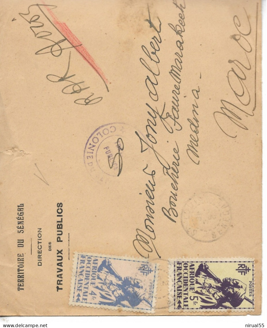 ST LOUIS Saint Louis Sénégal Recommandé Sur Env. Travaux Publics Affranchie 5 Fr + 4 Fr Timbres AOF Pour MAROC      ...G - Lettres & Documents