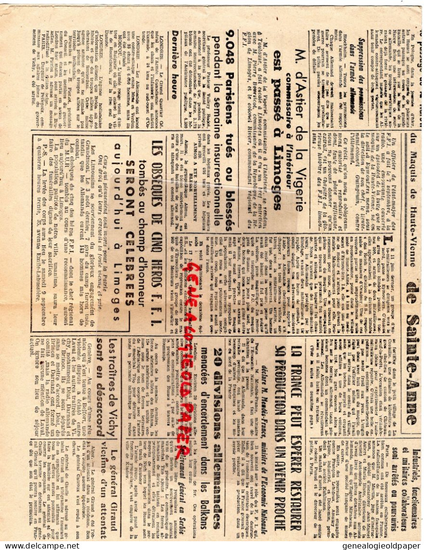 LIMOGES-GUERRE 1939-45- WW2-LE CENTRE LIBRE-9-9-1944-RESISTANCE-FFI- MAQUIS EYMOUTIERS SAINTE ANNE-DAS REICH- RODEZ - Historische Documenten