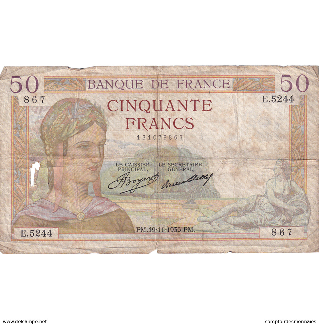 France, 50 Francs, Cérès, 1936, E.5244, B, Fayette:17.31 - 50 F 1934-1940 ''Cérès''