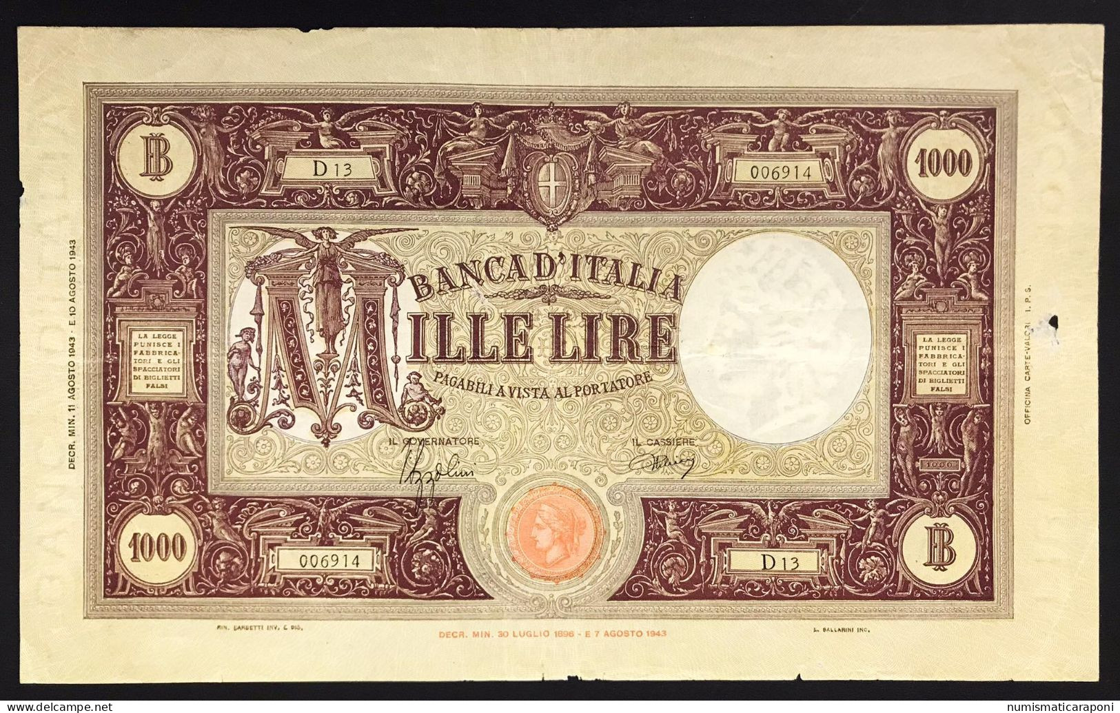 1000 LIRE BARBETTI GRANDE M BI 11 08 1943 Raro Taglietti E Mancanza , Ma Naturale Mb LOTTO 2298 - 1.000 Lire