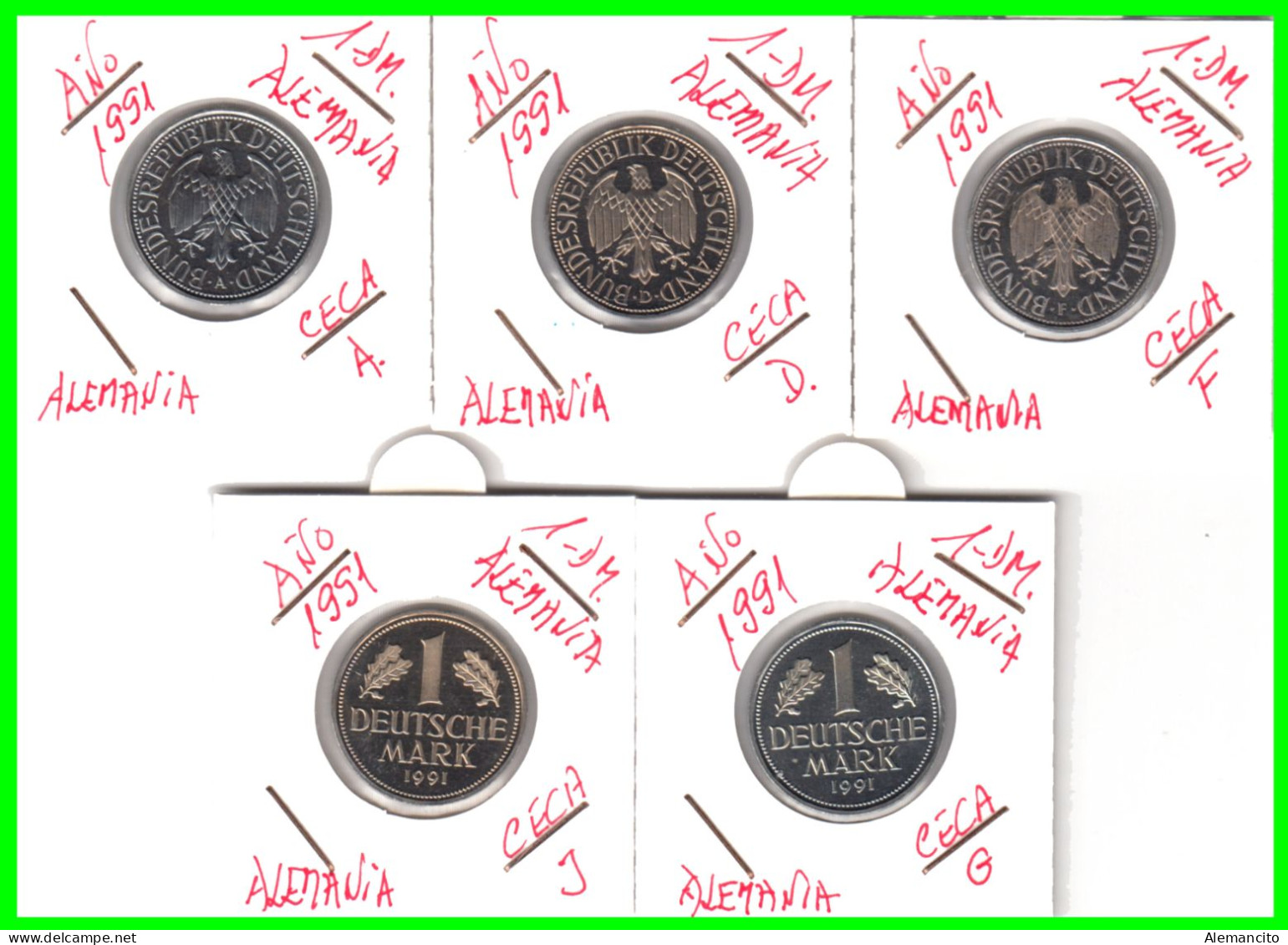 ALEMANIA - BRD - GERMANY - COLECCIÓN COMPLETA DE LAS 5 -MONEDAS DE 1.00 DM   AÑO 1991 - CECAS- A.D.F.G.J - CALIDAD PROOF - 1 Mark