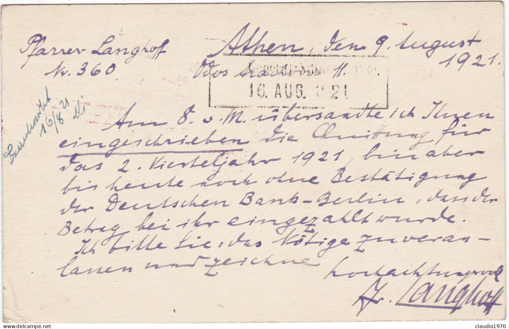 GRECIA - GRECE  - INTERO POSTALE - CARTOLINA - VIAGGIATA PER  BERLIN- GERMANIA- 1921 - Enteros Postales