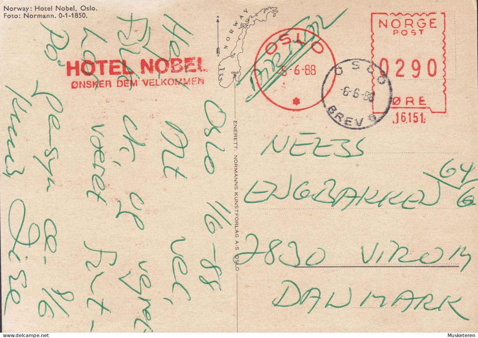 Norway PPC Oslo. Hotel Nobel. OSRAM Commercial Sign. Normann 0-1-1850. 'HOTEL NOBEL' OSLO 1988 Meter Cds. (2 Scans) - Lettres & Documents