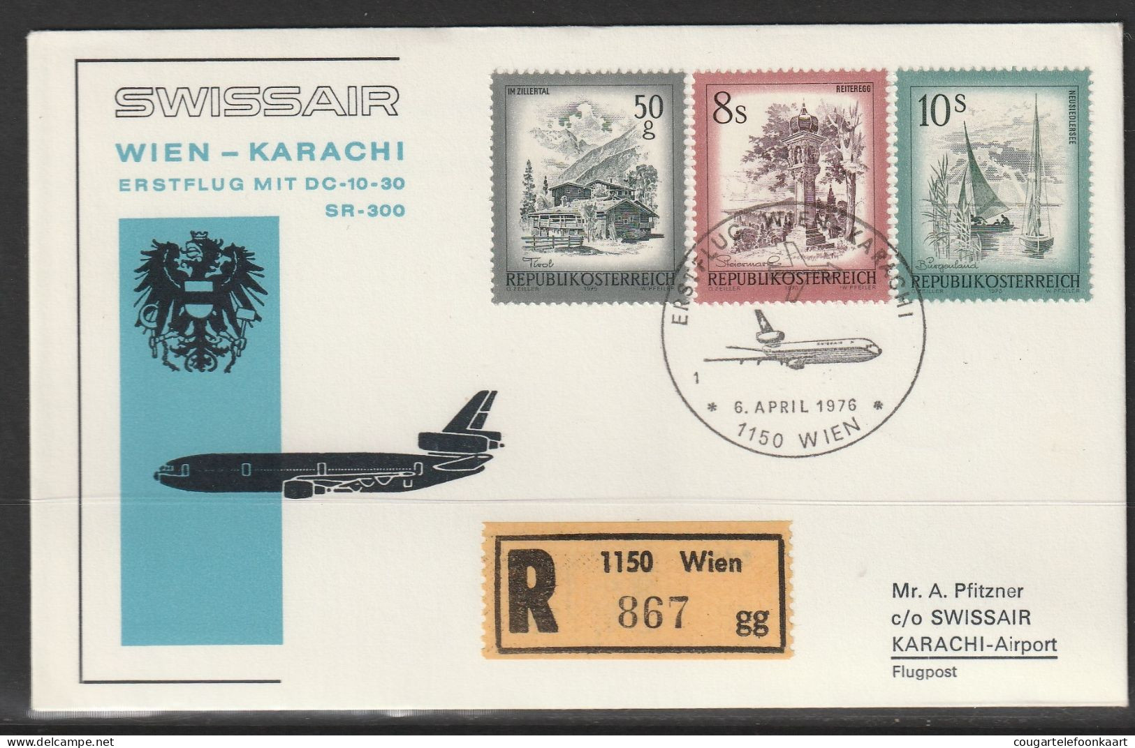 1976, Swissair, Erstflug, Wien-Karachi - Erst- U. Sonderflugbriefe