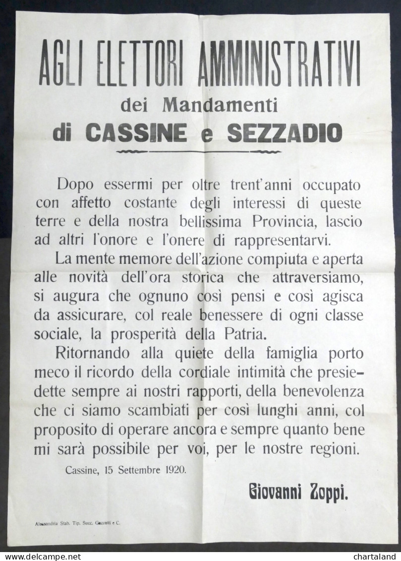 Manifesto Fine Mandato Consigliere Provinciale Di Cassine E Sezzadio - 1920 - Altri & Non Classificati