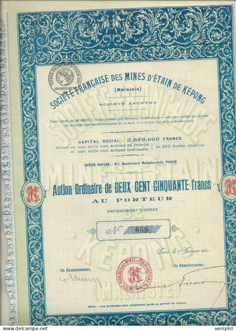 SOCIETE FRANCAISE DES MINES D'ETAIN DE KEPONG - MALAISIE - ACTION DE 250 FRANCS -ANNEE 1917 - Mijnen