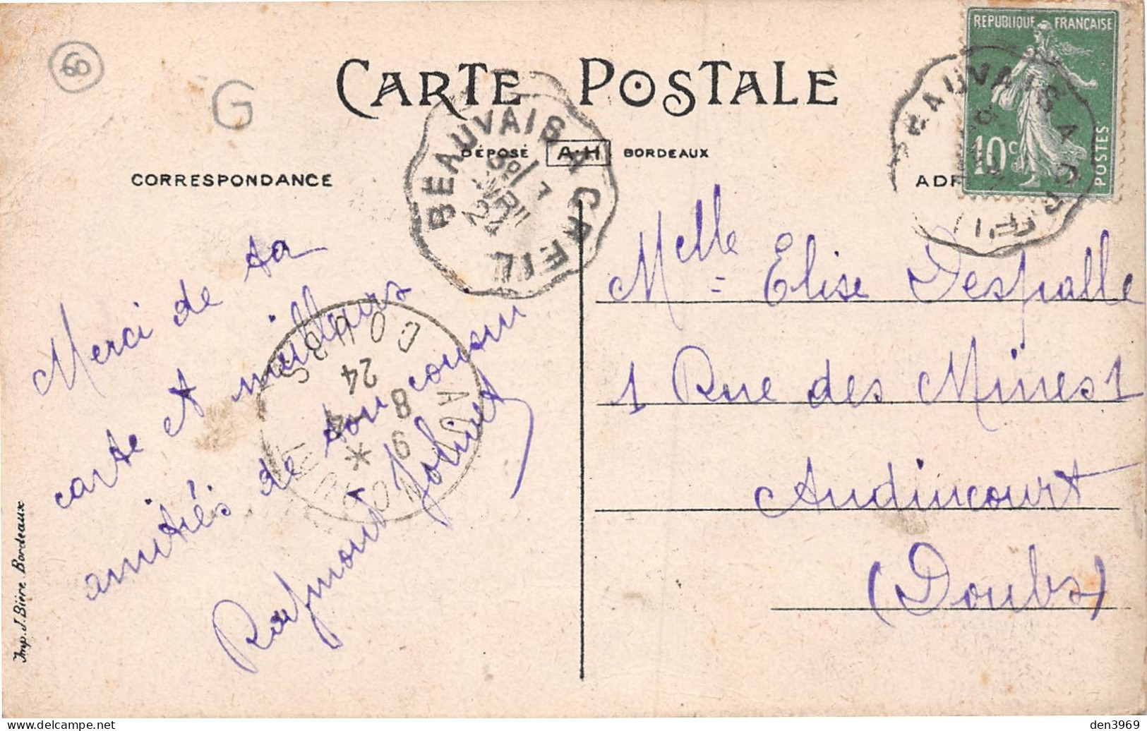 Un Baiser De MONTATAIRE (Oise) - Voyagé 1924 (2 Scans) Elise Despalle, 1 Rue Des Mines à Audincourt Doubs - Montataire