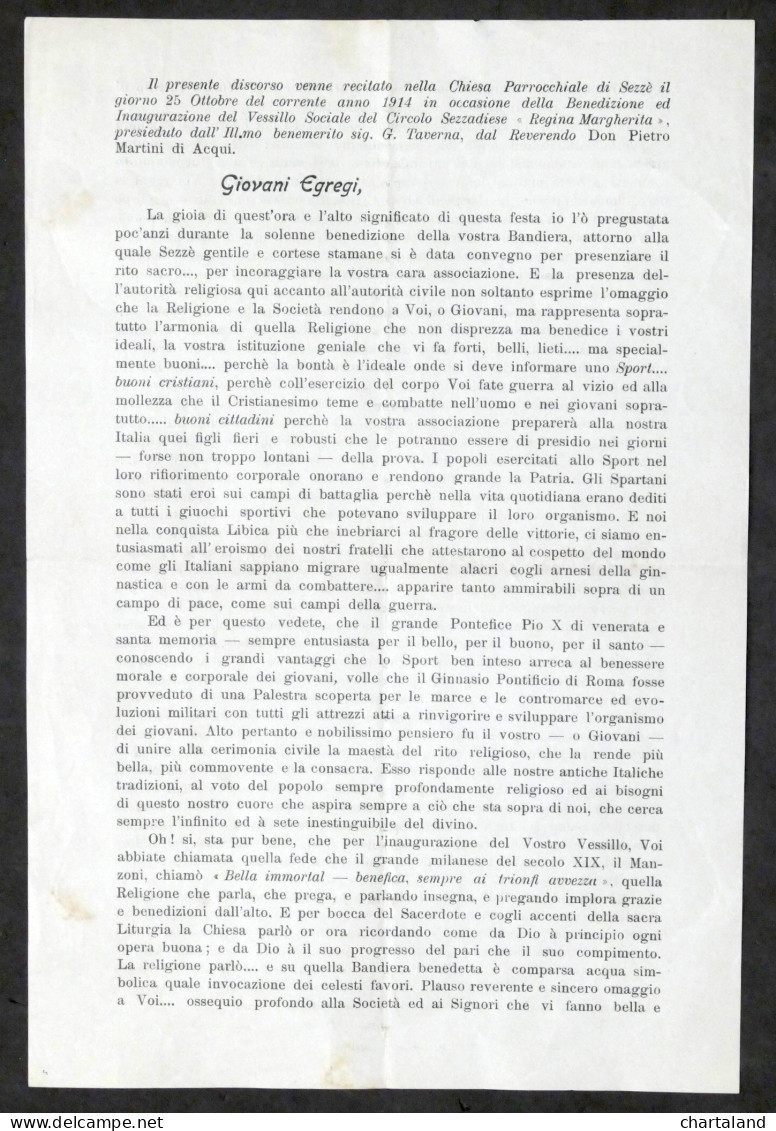 Chiesa Di Sezzè (Sezzadio) - Discorso Per Benedizione Del Vessillo Sociale 1914 - Altri & Non Classificati