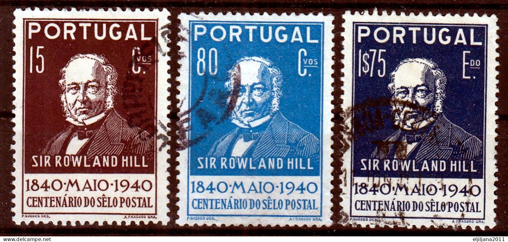 ⁕ Portugal 1940 ⁕ Sir Rowland Hill / 100 Years Of Postage Stamps ⁕ 3v Used - Oblitérés