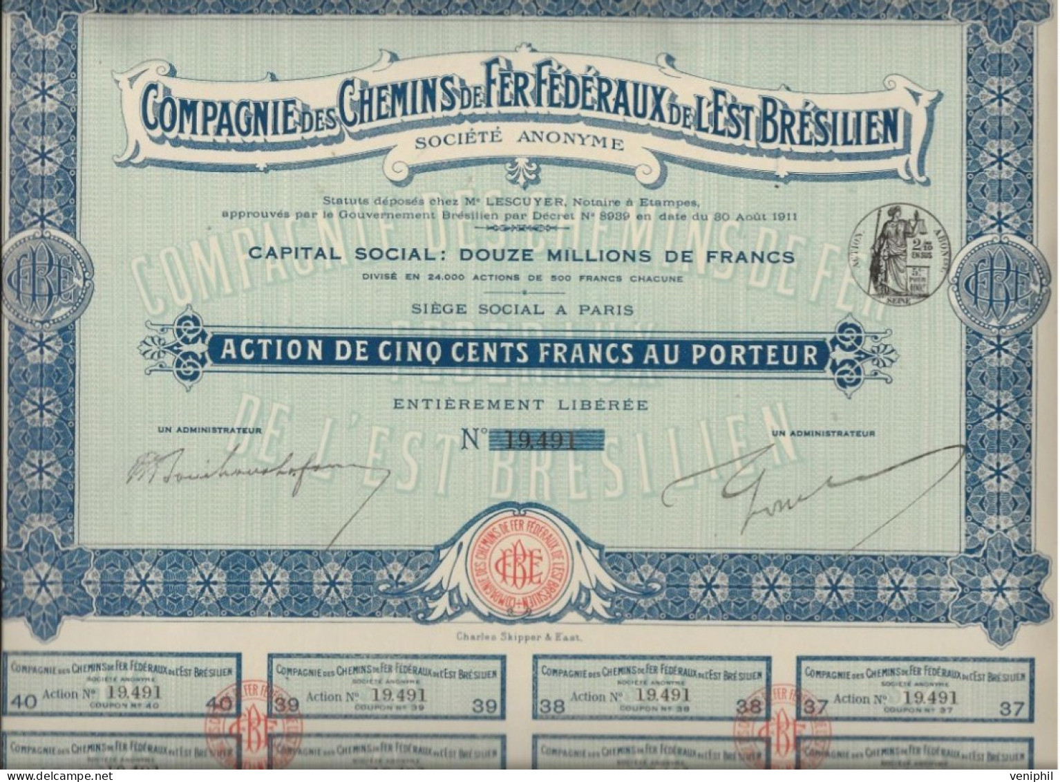 COMPAGNIE DES CHEMINS DE FER FEDERAUX DE L'EST BRESILIEN LOT DE 10 ACTIONS DE CINQ CENTS FRANCS -ANNEE 1911 - Ferrocarril & Tranvías