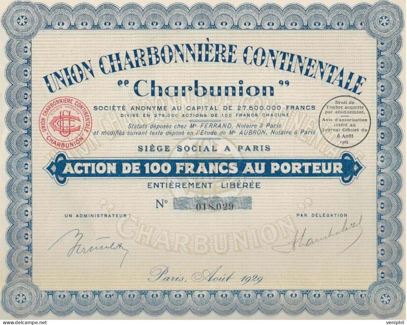 UNION CHARBONNIERE CONTINENTAL " CHARBUNION "   ANNEE 1929  LOT DE 10 ACTIONS DE 100 FRANCS - - Mijnen
