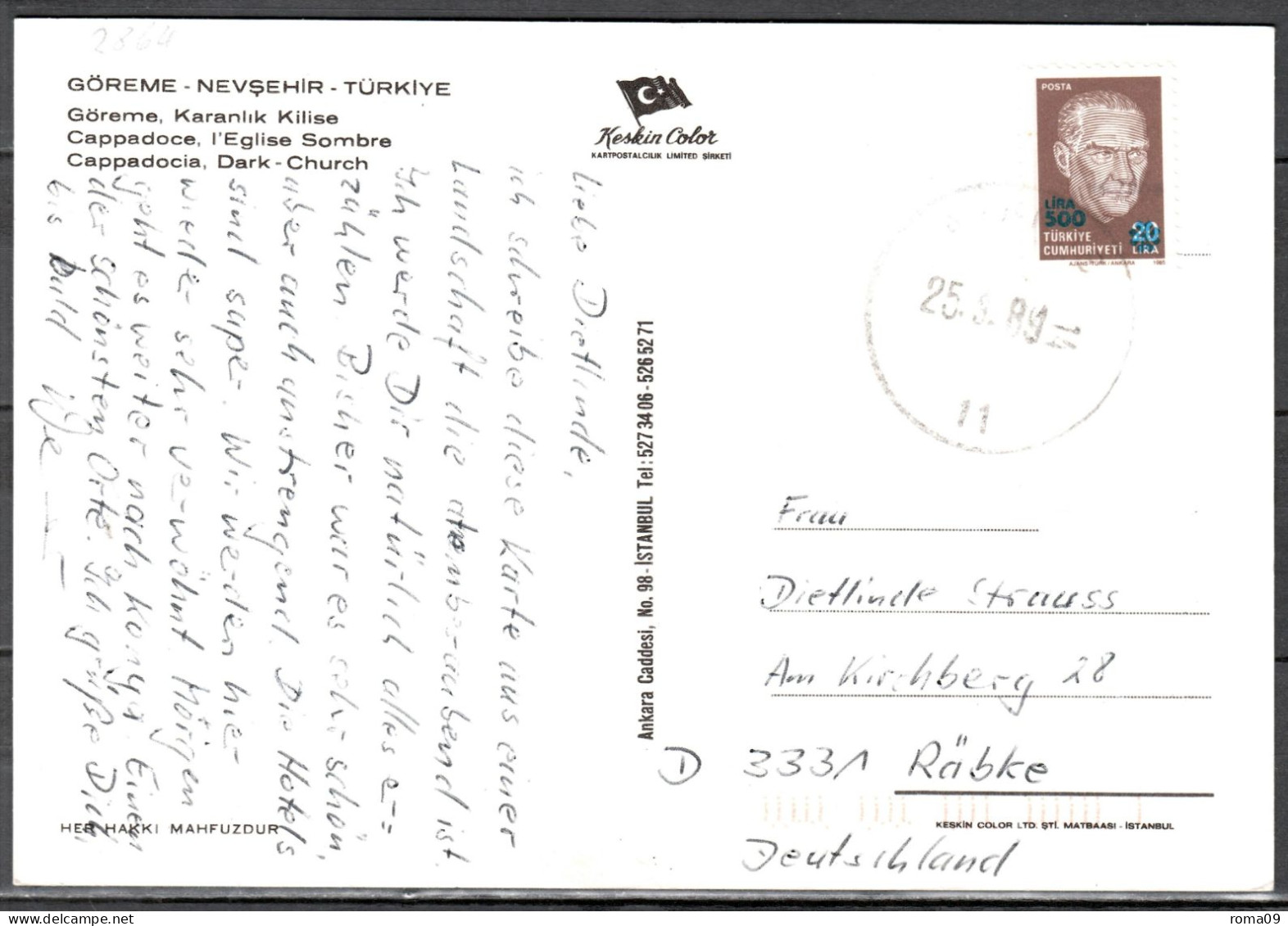 MiNr. 2864; Freimarke: Atatürk. MiNr. 2733 Mit Blauem Bdr.-Aufdruck; Auf Karte Nach Deutschland; B-1027 - Covers & Documents