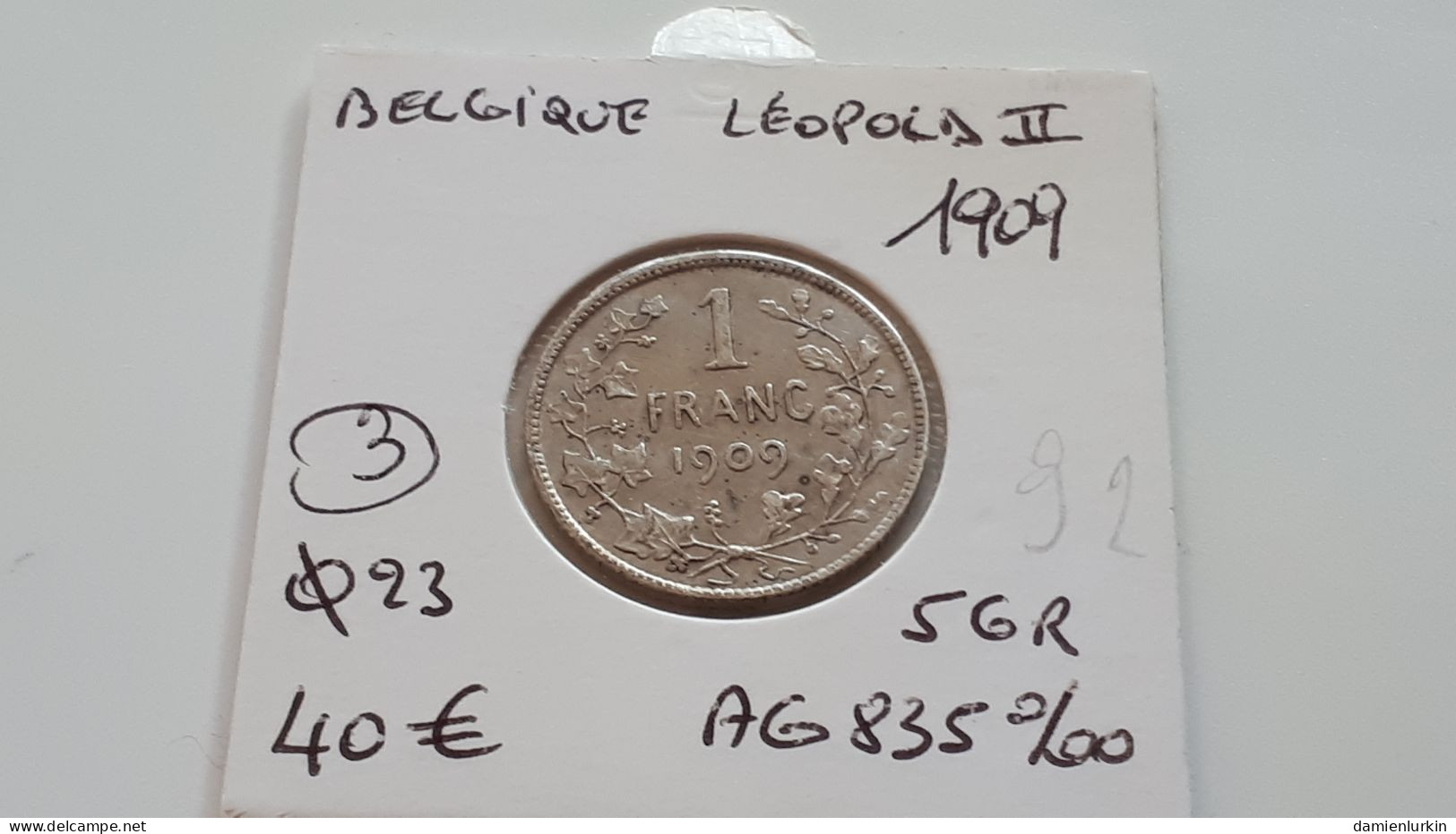 BELGIQUE LEOPOLD II 1 FRANC 1909 AVEC POINT ARGENT/ZILVER/SILBER/SILVER ONLY 1.125.000 EX. COTES : 4€-12€-45€-125€ - 1 Frank