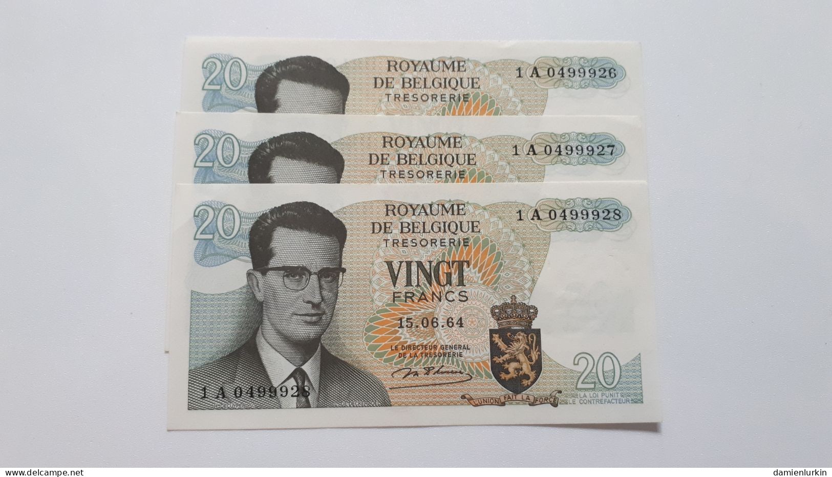 BELGIQUE/BELGIE/BELGIEN BAUDOUIN ATOMIUM 3 BILLETS NUMEROS QUI SE SUIVENT 20 FRANCS 1964 D'HAESE SERIE 1 A P-138a.1 UNC - 20 Francs