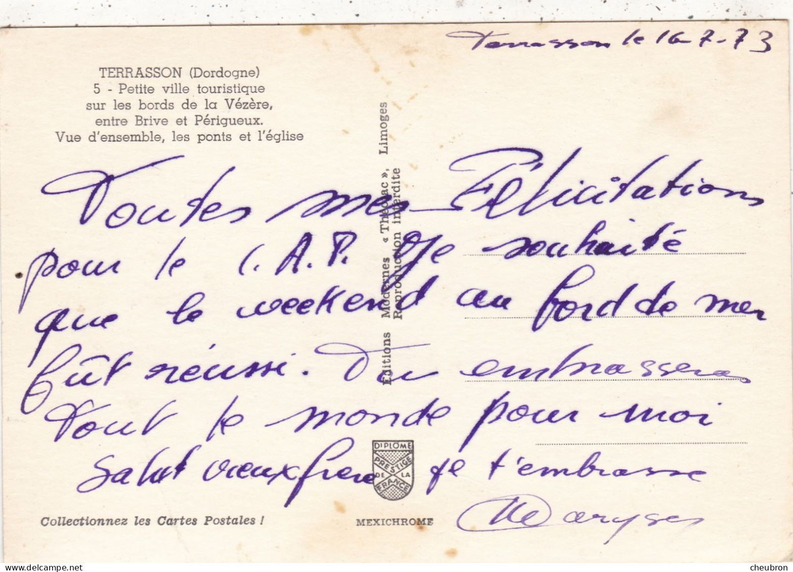 24. TERRASSON . CPSM. VUE D'ENSEMBLE. LES PONTS ET L'EGLISE. + TEXTE ANNEE 1973 - Terrasson-la-Villedieu