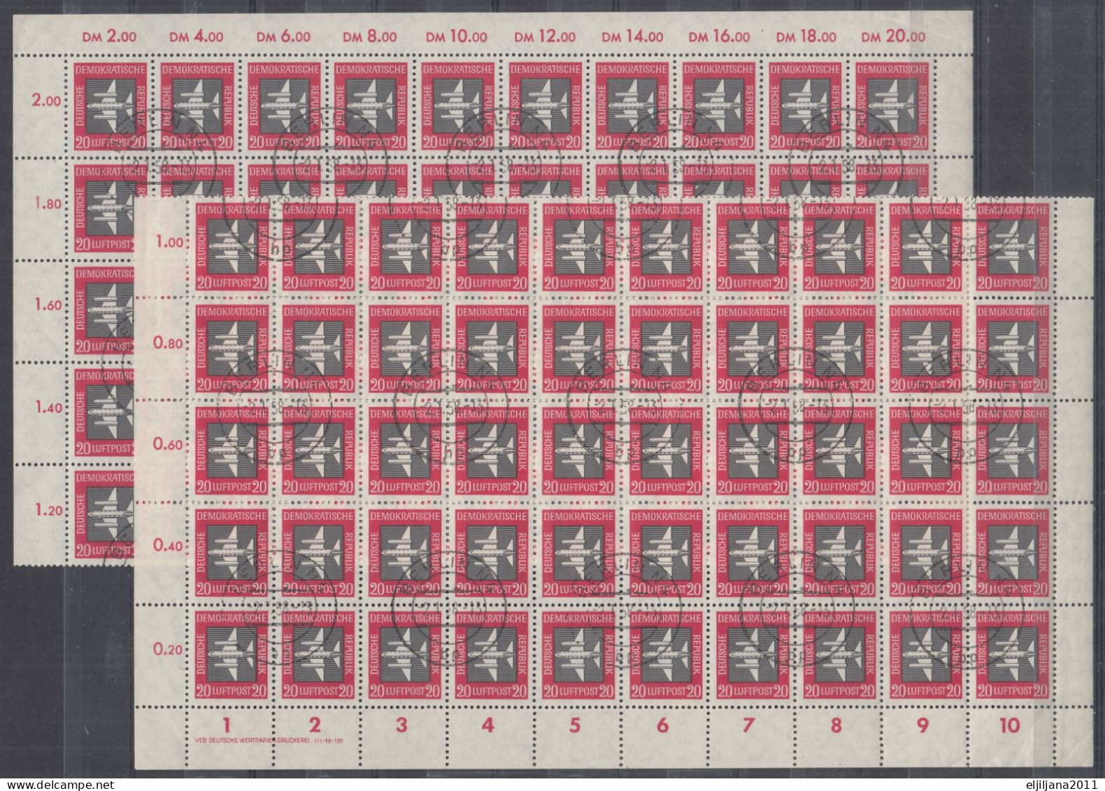 Action !! SALE !! 50 % OFF !! ⁕ DDR 1957 Germany ⁕ Airmail 20 Pf. Mi.610 ⁕ Used Sheet Of 100 Stamps ( 2 X 50 ) - 1950-1970