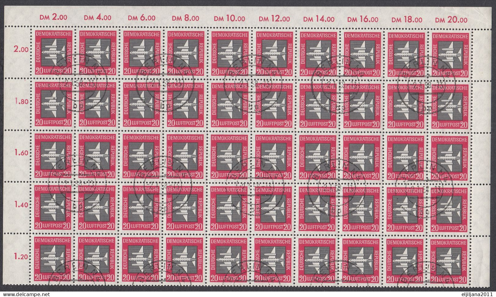 Action !! SALE !! 50 % OFF !! ⁕ DDR 1957 Germany ⁕ Airmail 20 Pf. Mi.610 ⁕ Used Sheet Of 100 Stamps ( 2 X 50 ) - 1950-1970
