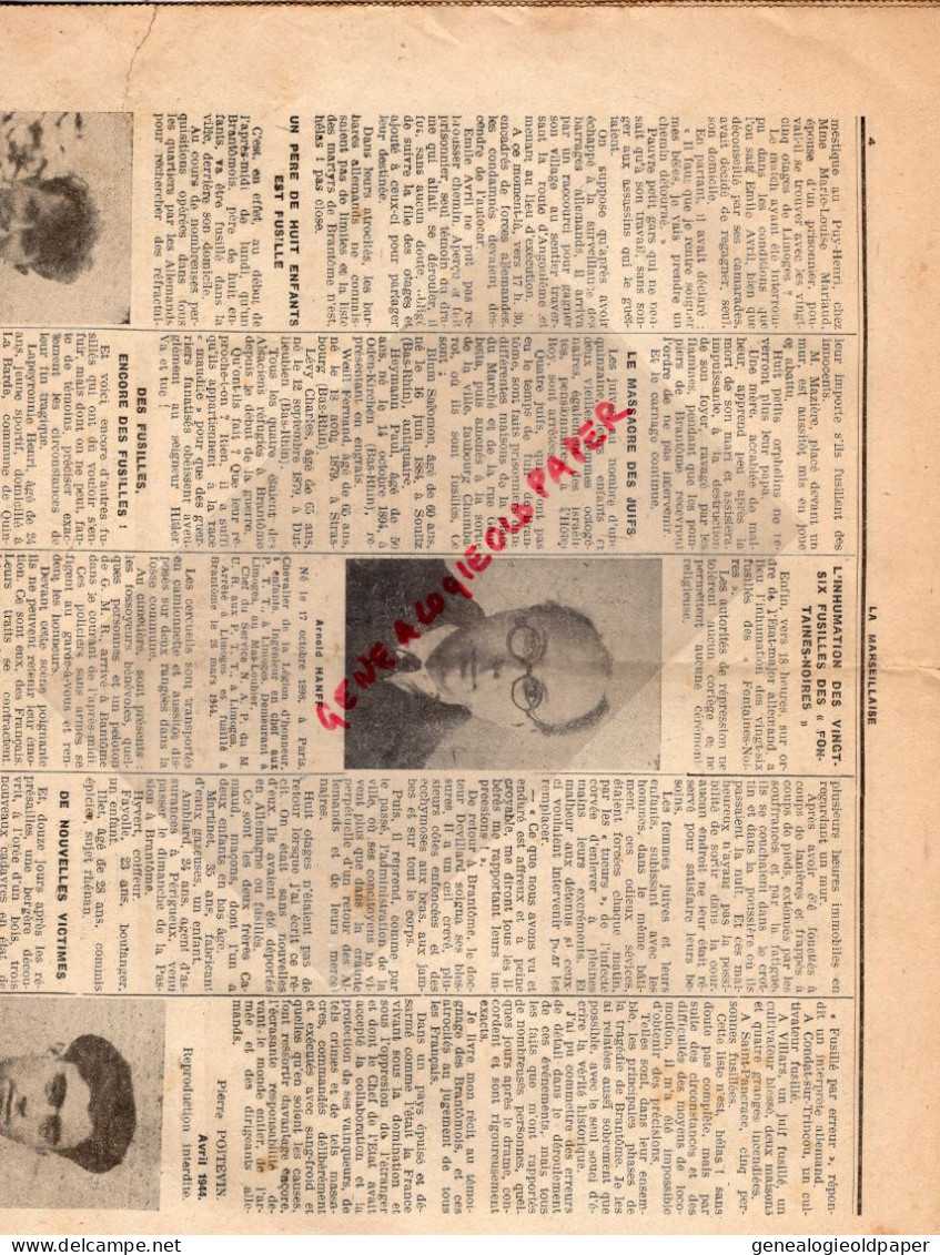 LIMOGES-GUERRE 1939-45- WW2- JOURNAL LA MARSEILLAISE CENTRE-25 MARS 1945-CARNAGE BRANTOME-ST SAINT JUNIEN HENRI RENOUX