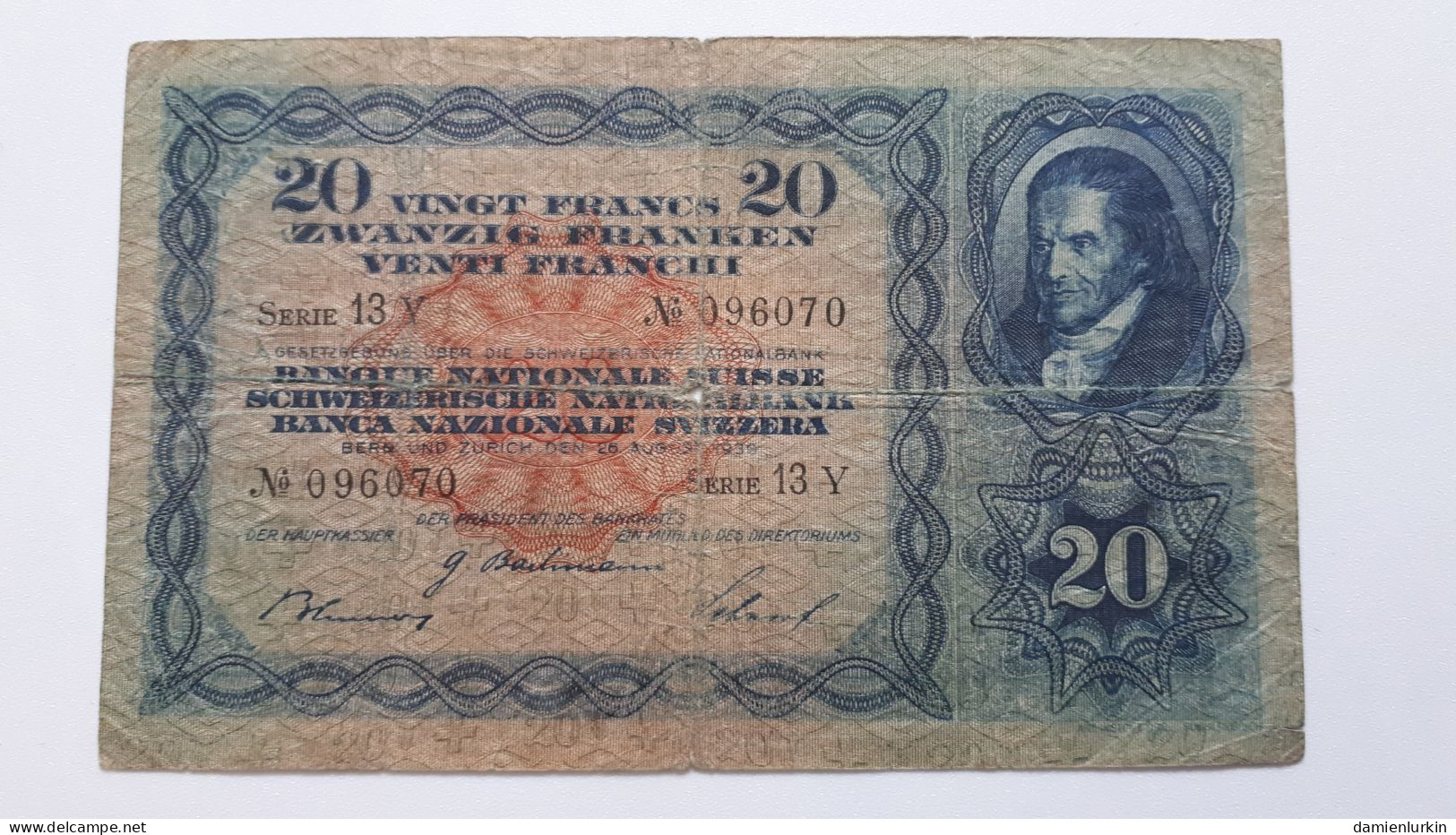 SUISSE RARE BILLET DE 20 FRANCS 26 AOÛT1939 BACHMANN BLUMER SCHNORF SERIE 13Y P#39j.27 COTES : 30€-60€-125€-275€-550€ - Zwitserland