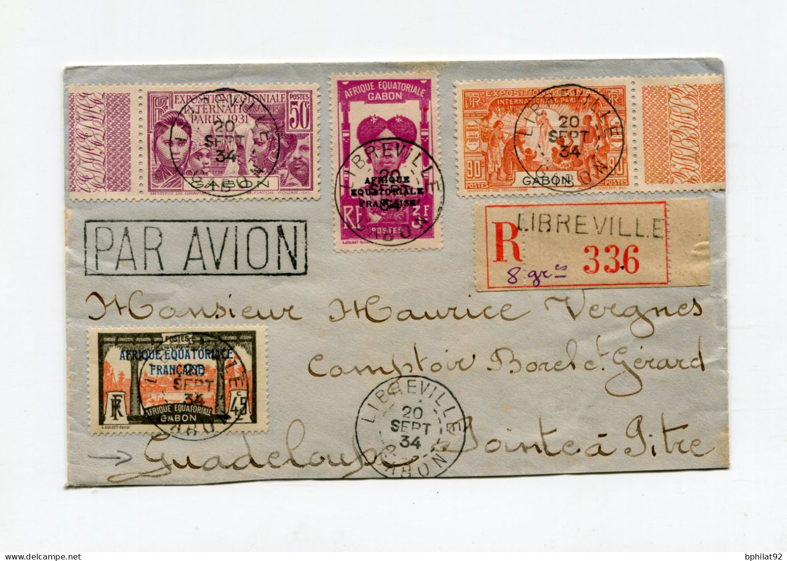 !!! GABON, LETTRE RECOMMANDEE PAR AVION DE LIBREVILLE POUR POINTE A PITRE DE 1934, BEL AFFRANCHISSEMENT - Lettres & Documents