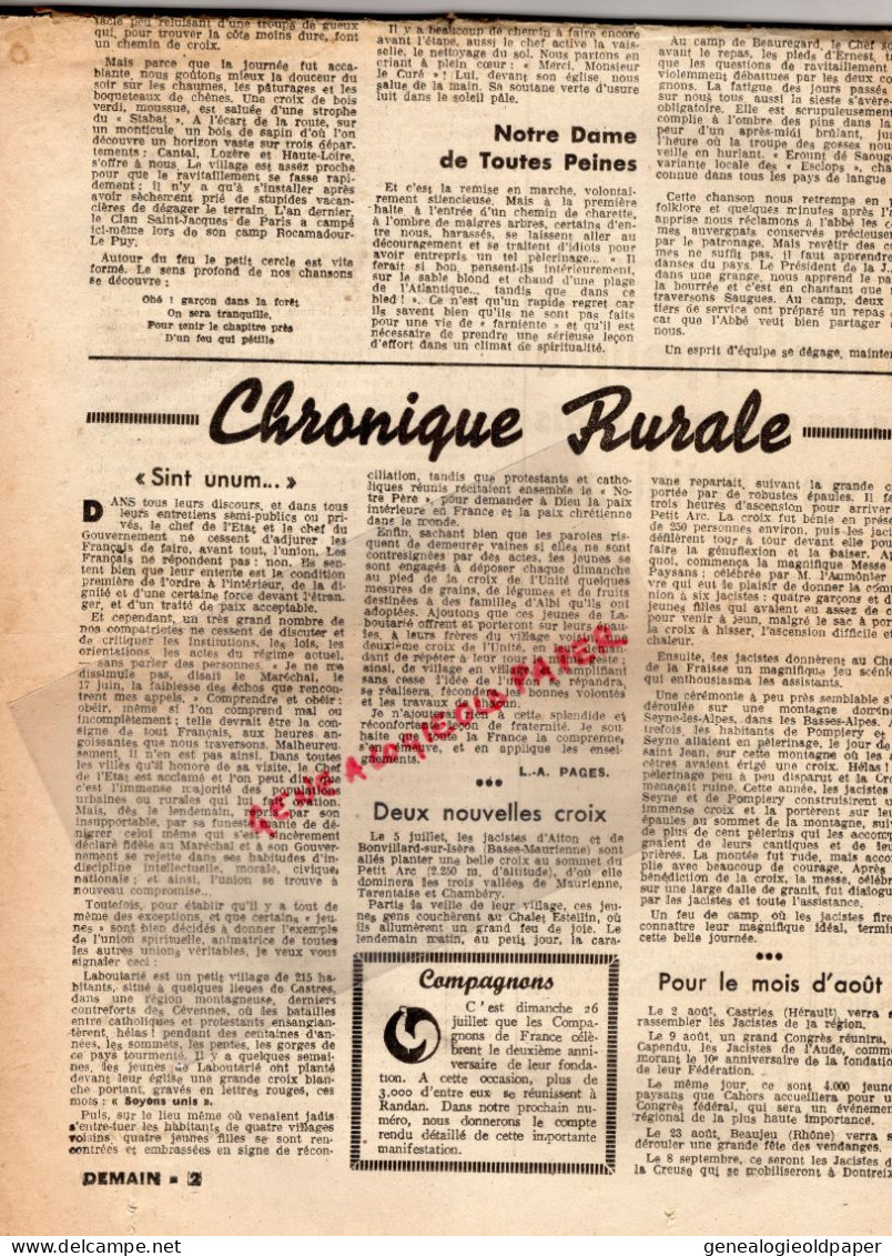 GUERRE 1939-1945- JOURNAL DEMAIN-JEAN DE FABREGUES-26-7-1942-GENEVE -LE PUY EN VELAY  JEAN OEYRADE-MGR EUGENE DE MAZEMOD