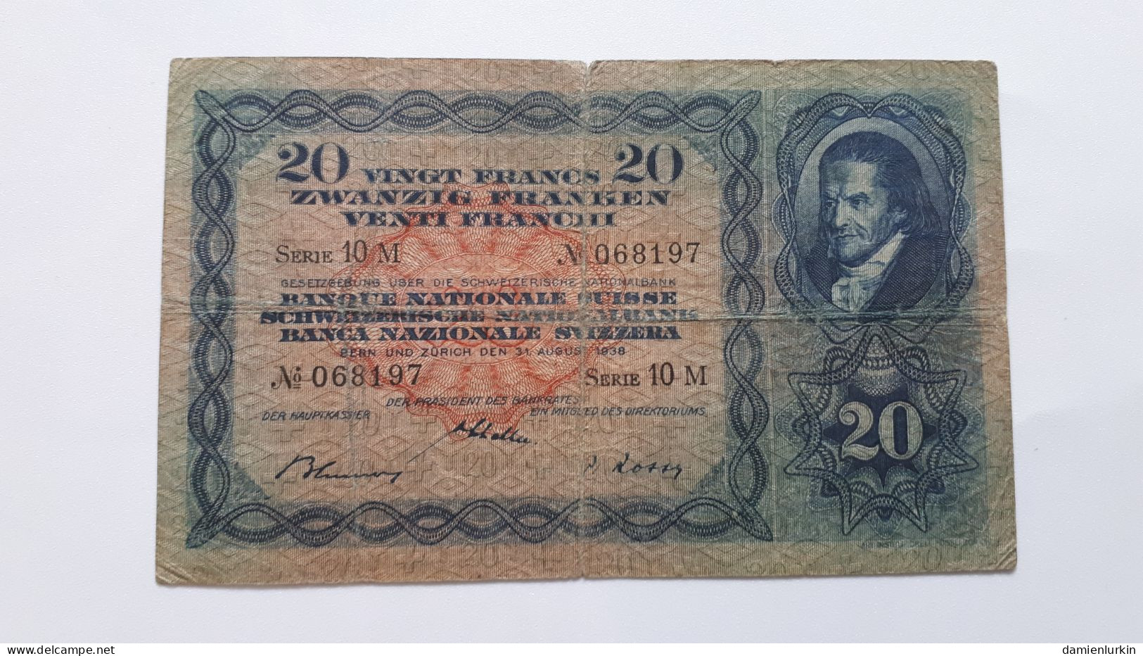 SUISSE RARE BILLET DE 20 FRANCS 31 AOÛT1938 BLUMER SCHALLER ROSSI SERIE 10M P#39h.25 COTES : 25€-50€-100€-250€-500€ - Switzerland