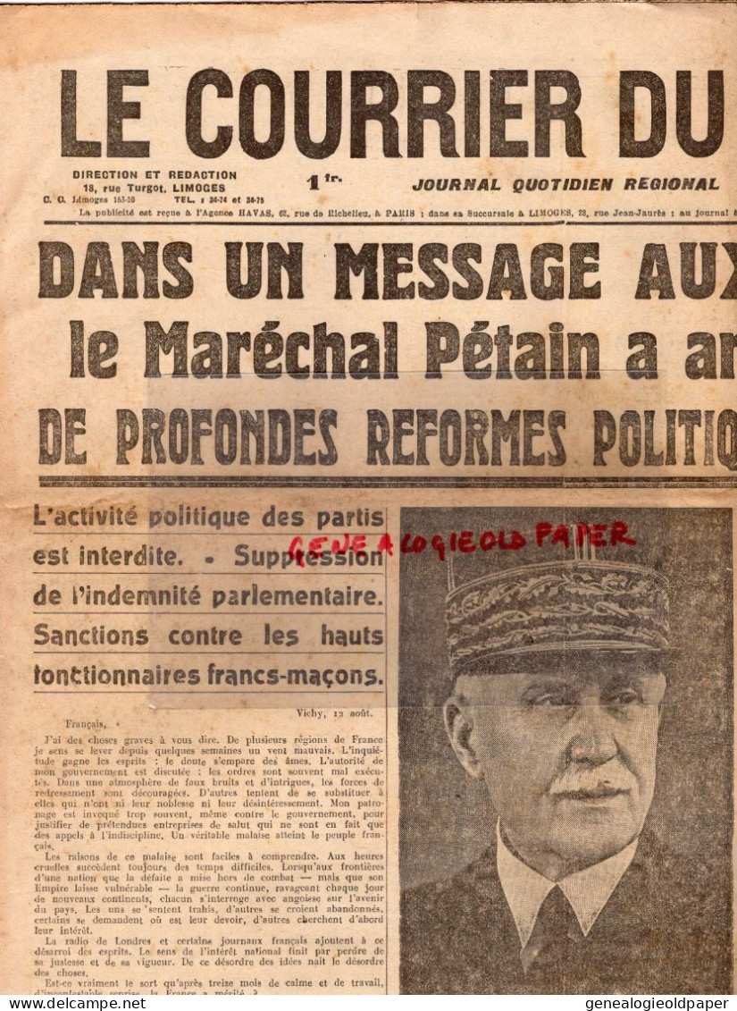 87-LIMOGES-GUERRE 1939-1945- LE COURRIER DU CENTRE913 AOUT 1941- PETAIN-VICHY-SANCY-SMOLENSK  MOSCOU-MONT DORE - Historical Documents