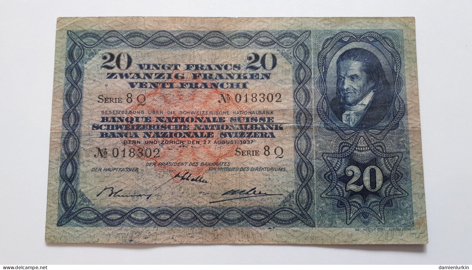 SUISSE RARE BILLET DE 20 FRANCS 27 AOÛT1937 BLUMER SCHALLER WEBER SERIE 8Q P#39f.26 COTES : 30€-60€-125€-250€-500€ - Switzerland