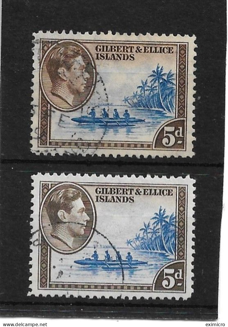 GILBERT & ELLICE IS 1939 5d DEEP ULTRAMARINE & SEPIA + 1944 5d ULTRAMARINE & BLACKISH BROWN SG 49,49b FINE USED Cat £12+ - Gilbert- Und Ellice-Inseln (...-1979)