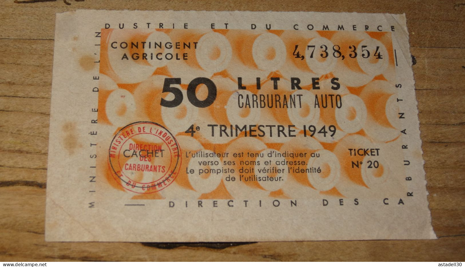 Bon Pour 50 Litres Carburant Auto, Contingent Agricole - 1949 ................ E4-21a - Varietà E Curiosità