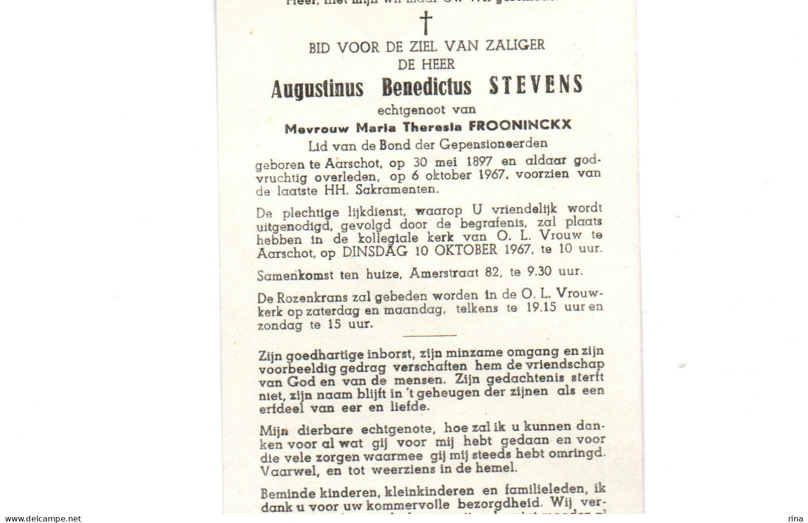 Augustinus Benedictus Stevens  Geb Aarschot 30 Mei 1897 En Aldaar Overl 6 Okt 1967 - Aarschot