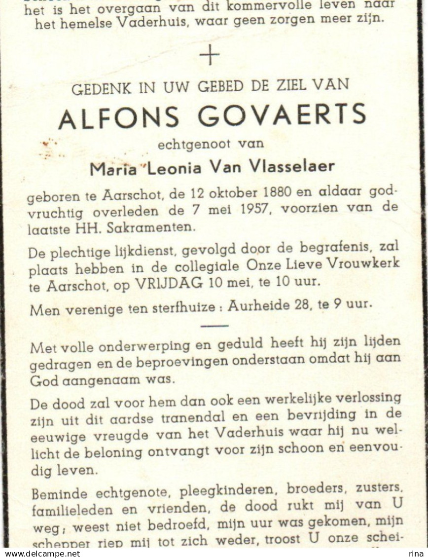 Alfons Govaerts Geb Te Aarschot 12 Okt 1880 En Aldaar Overl Te 7 Mei 1957 - Aarschot