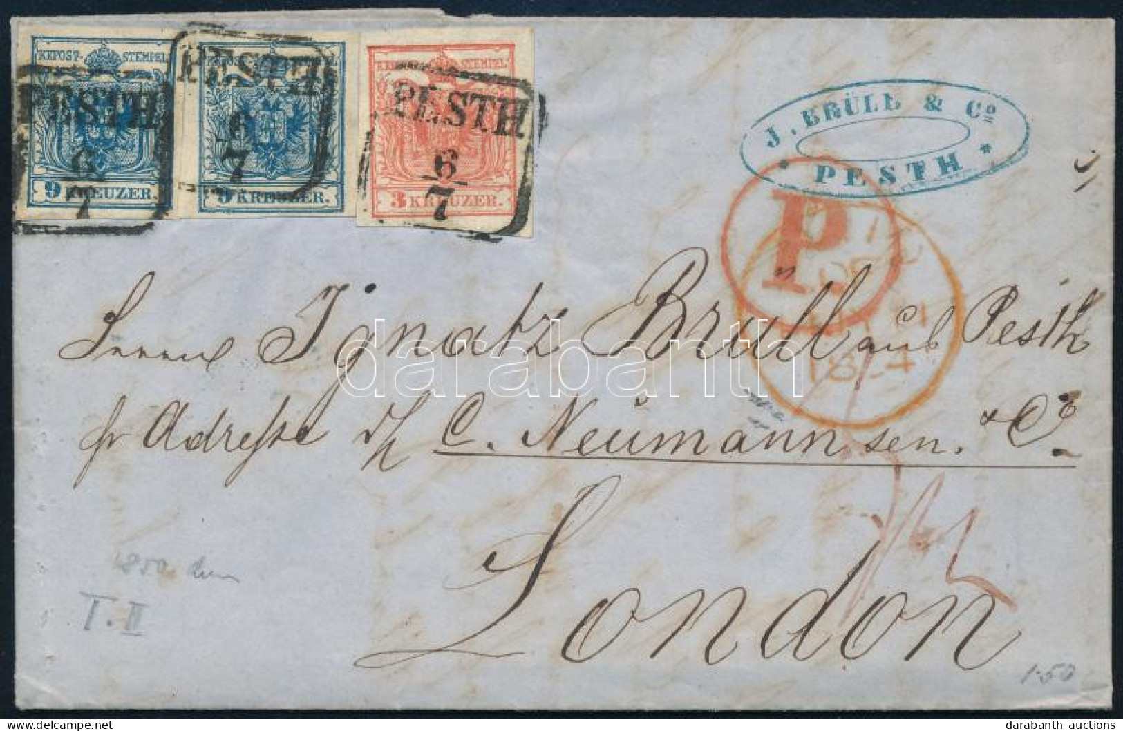 1854 3kr + 2 X 9kr Levélen / On Cover "PESTH" - London - Other & Unclassified