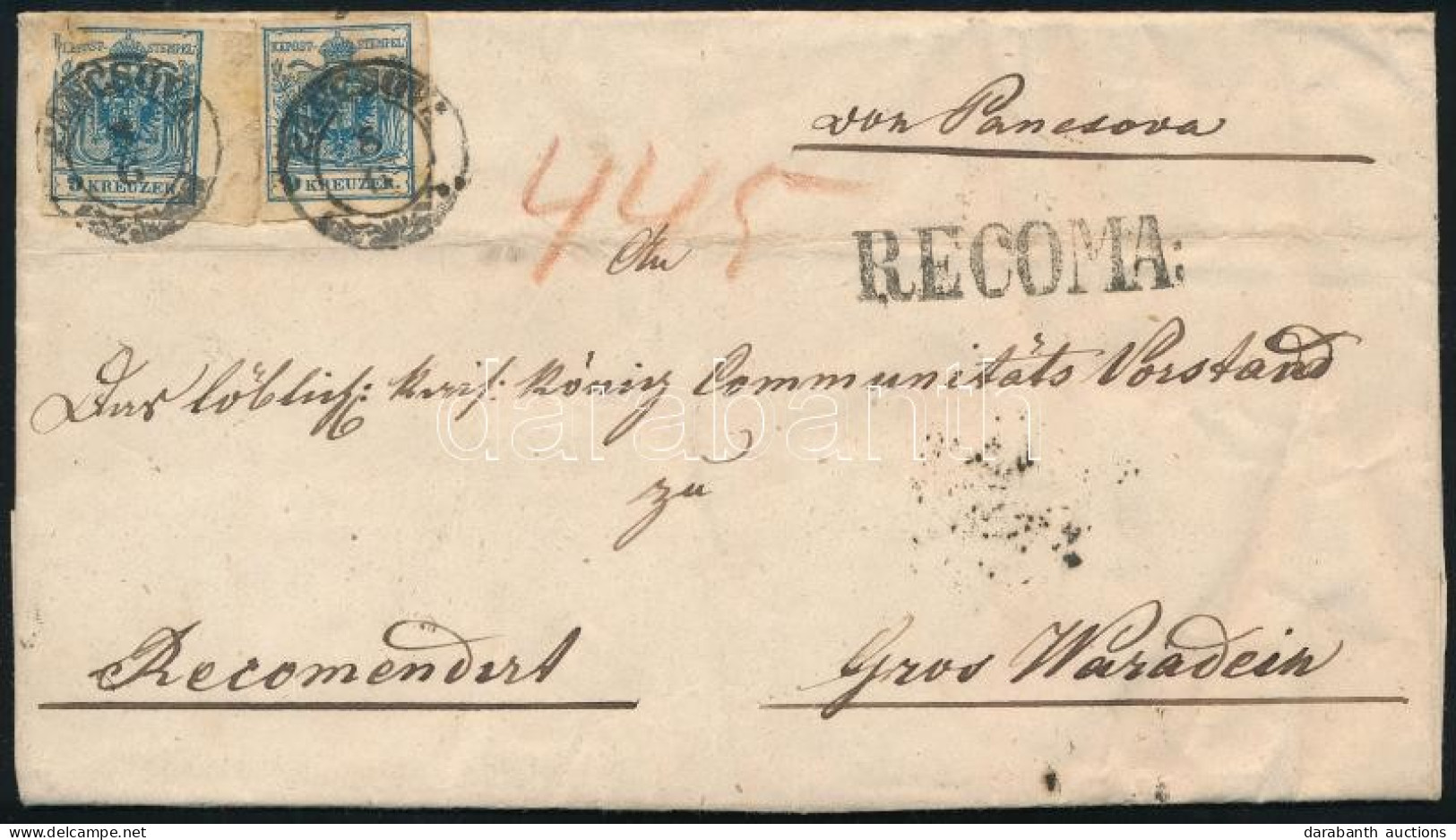 1855 2 X 9kr (az Egyik óriási ívszéllel) + 6kr Ajánlott, 2. Súlyfokozatú Levélen / 2 X 9kr (1 With Large Margin) + 6kr O - Andere & Zonder Classificatie