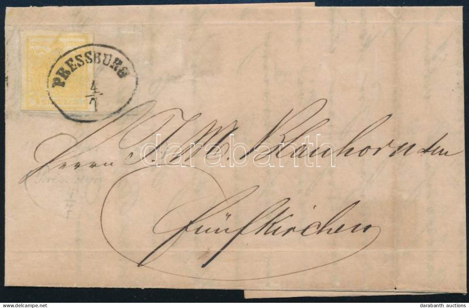 1856 1kr MP III. Levélen / On Cover "PRESSBURG" - Fünfkirchen - Otros & Sin Clasificación