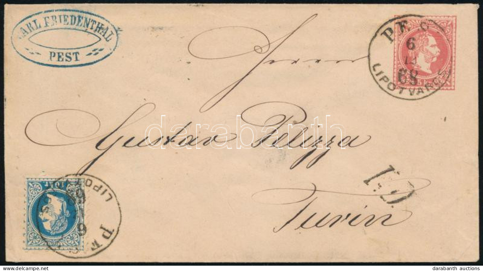 1868 5kr Díjjegyes Boríték 10kr Kiegészítéssel / 5kr PS-cover With 10kr Additional Franking "PEST / LIPÓTVÁROS" - Torino - Altri & Non Classificati