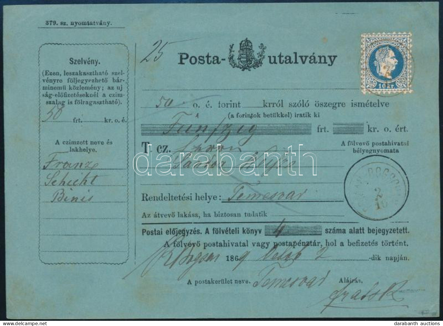 1869 10kr Postautalványon Szelvénnyel, Barna "ROMAN-BOGSCHAN" Bélyegzéssel. Korai Felhasználású, Szép Kiállítási Darab!  - Sonstige & Ohne Zuordnung