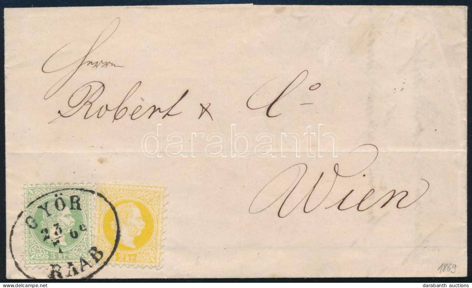 1869 2kr Sárga + 3kr Zöld Levélen / 2kr Yellow + 3kr Green On Cover "GYŐR / RAAB" - Wien - Sonstige & Ohne Zuordnung