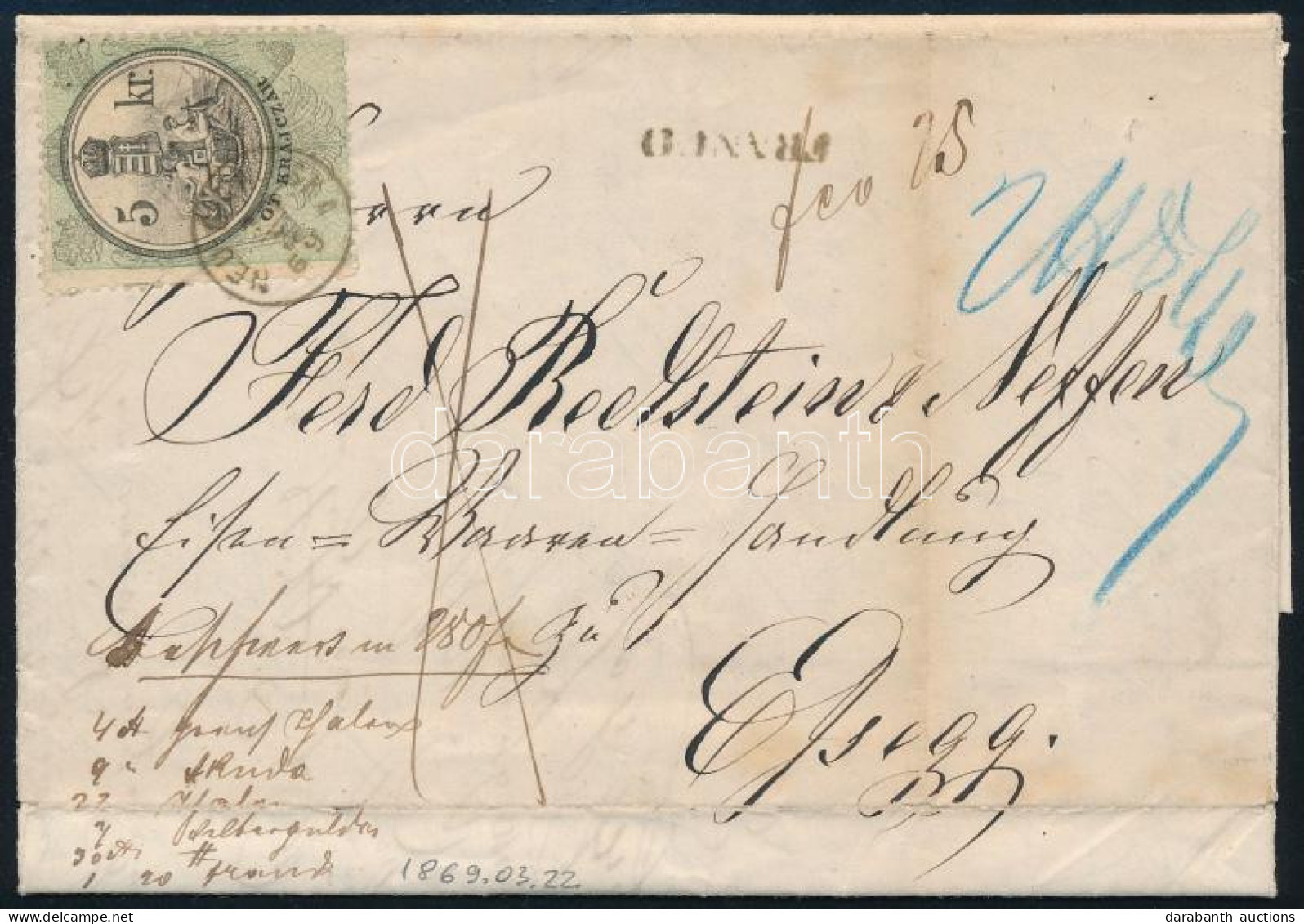 1869 Komplett Szállítólevél 5kr Határőrvidéki Okmánybélyeggel / Complete Parcel Card With 5kr Military Border Fiscal Sta - Other & Unclassified