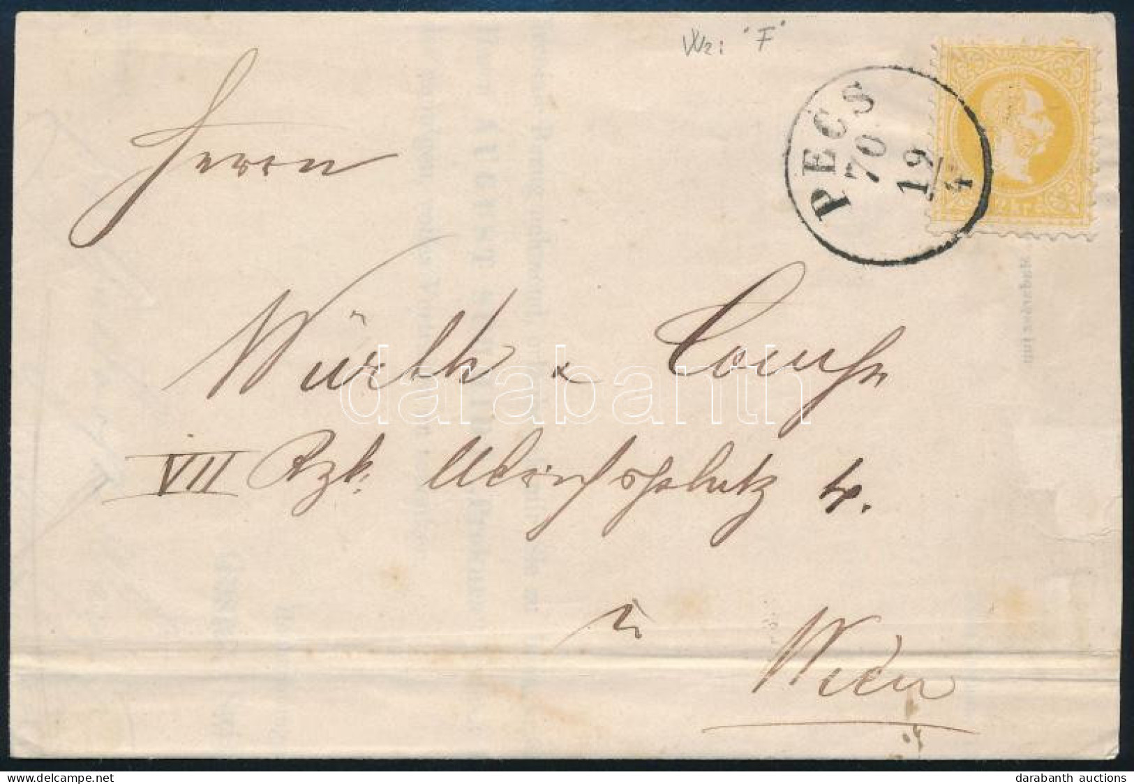 1870 2kr Teljes F Vízjellel Nyomtatványon / 2kr With Full F Watermark On Printed Matter "PÉCS" - Wien - Sonstige & Ohne Zuordnung