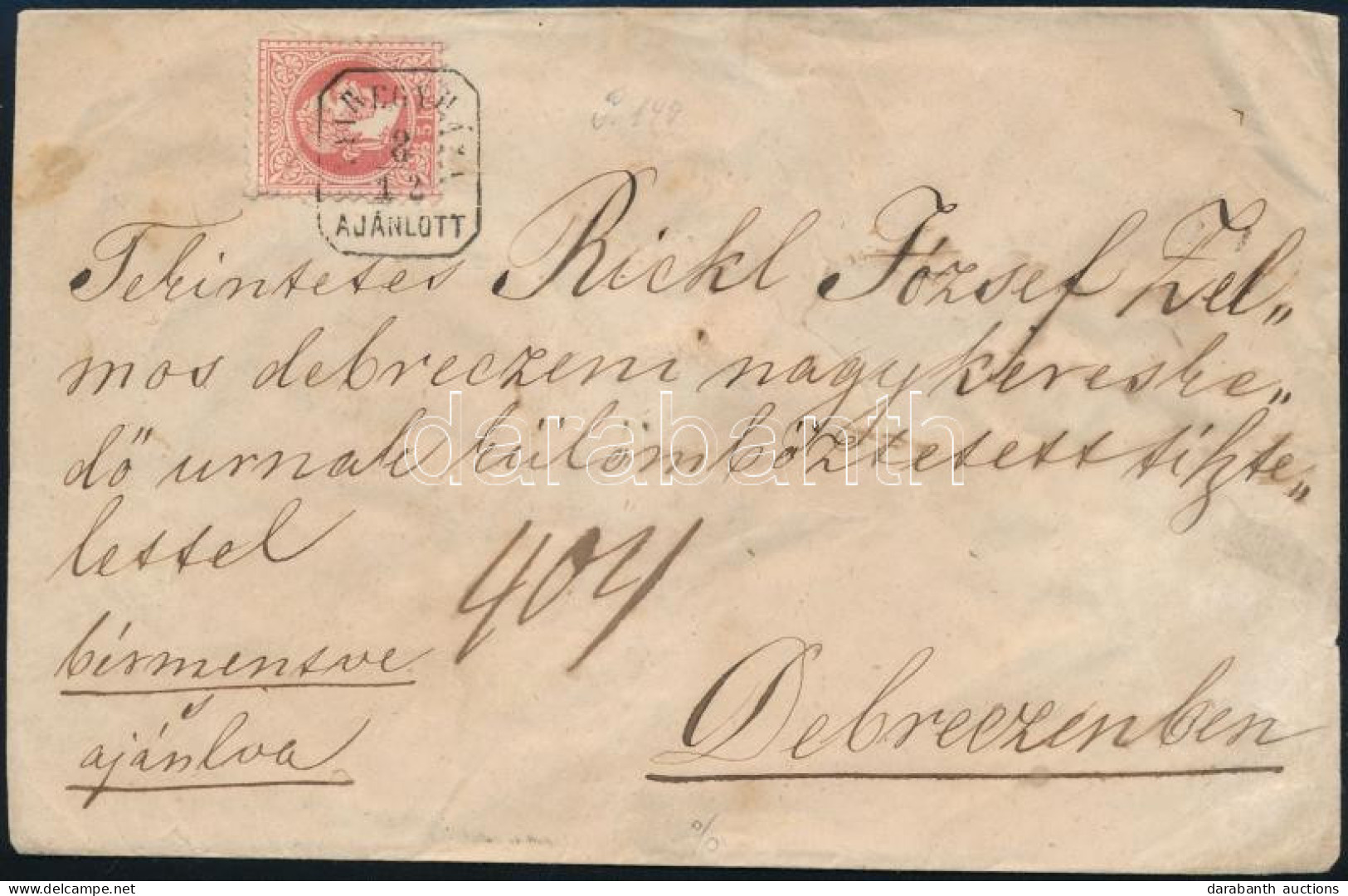 ~1870 5kr + Hátul Eltépett 10kr Ajánlott Levélen / 5kr + 10kr (torn) On Registered Cover "NYIREGYHÁZA / AJÁNLOTT" - Other & Unclassified