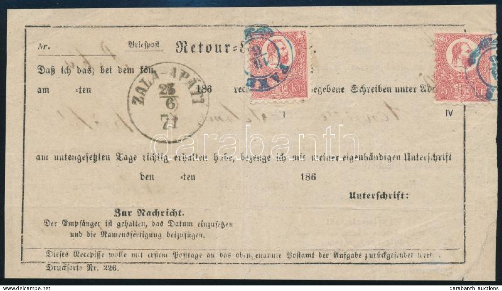 1871 2 Db Kőnyomat 5kr Tértivevényen, Kék "PAKS" Bélyegzéssel. Két Ismert Darab Egyike. / 2 X 5kr On Retour Recepisse, B - Other & Unclassified