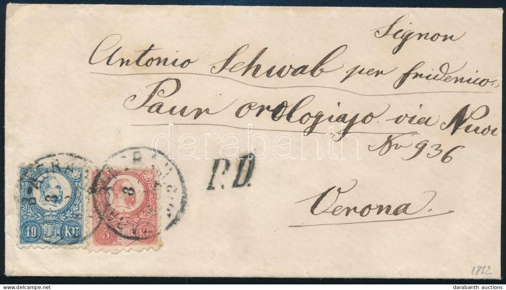 1872 Réznyomat 5kr + 10kr Levélen Olaszországba / On Cover To Italy "ZAGREB-AGRAM" - Verona - Other & Unclassified